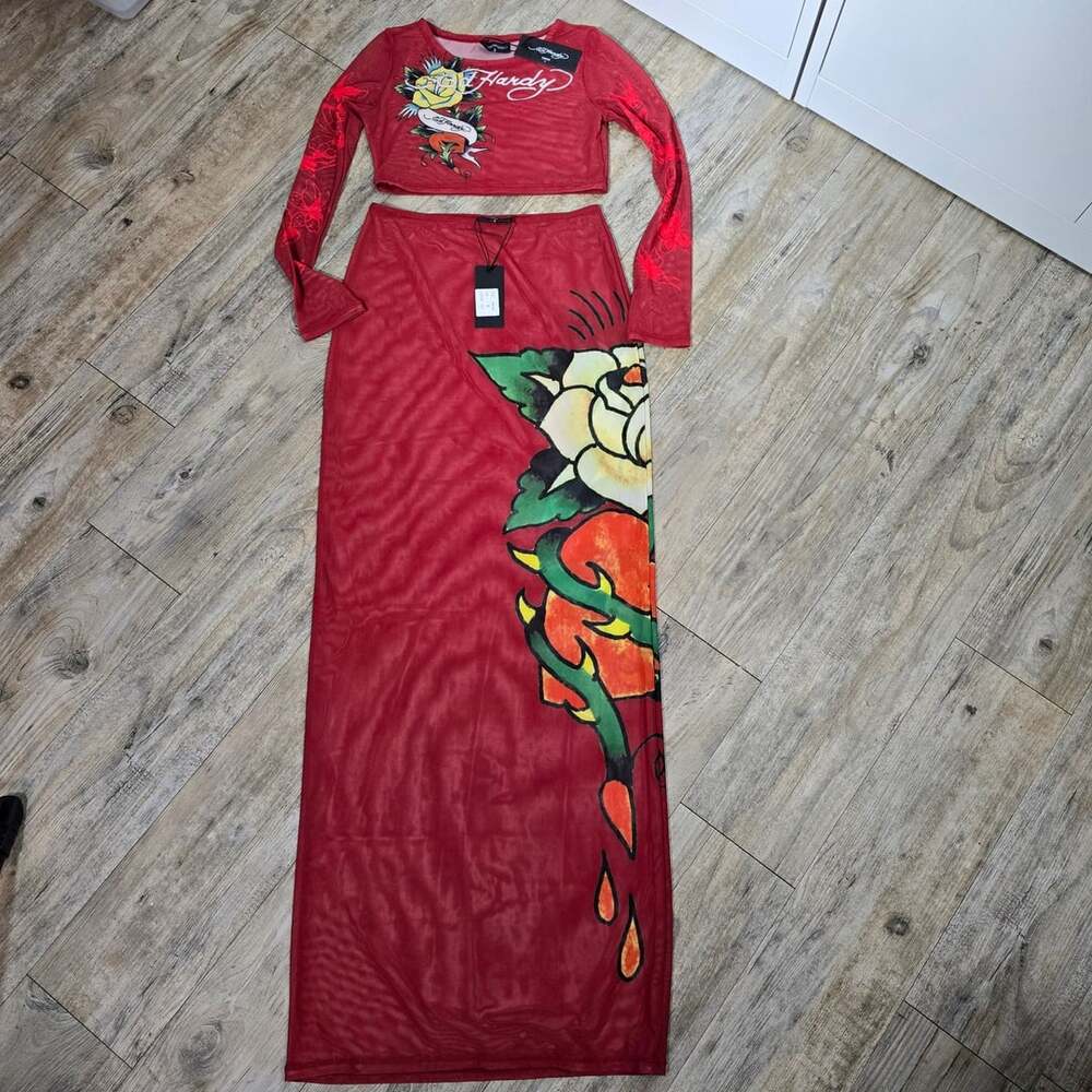 Ed Hardy Mesh Maxi Skirt Set Size S Red Rose Cover Up